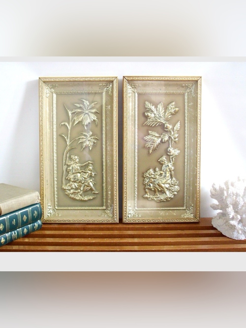 Ornate Gold Relief Wall Art Pair - Classic Panels, Vintage Hollywood Regency